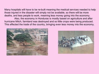 Many hospitals will have to be re-built meaning the medical services needed to help those injured in the disaster will simply not be available, so there will be more deaths, and less people to work, meaning less money going into the economy. Also, the economy in Honduras is mostly based on agriculture and after hurricane Mitch, farmland was destroyed and so little crops were being produced. This effected the trade of the country, bringing even less money into the economy. 