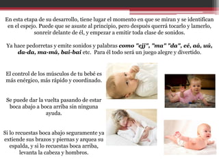 En esta etapa de su desarrollo, tiene lugar el momento en que se miran y se identifican
 en el espejo. Puede que se asuste al principio, pero después querrá tocarlo y lamerlo,
            sonreír delante de él, y empezar a emitir toda clase de sonidos.

 Ya hace pedorretas y emite sonidos y palabras como "ejj", "ma" "da", eé, aá, uú,
     da-da, ma-má, bai-bai etc. Para él todo será un juego alegre y divertido.


 El control de los músculos de tu bebé es
 más enérgico, más rápido y coordinado.


 Se puede dar la vuelta pasando de estar
  boca abajo a boca arriba sin ninguna
                 ayuda.


Si lo recuestas boca abajo seguramente ya
extiende sus brazos y piernas y arquea su
   espalda, y si lo recuestas boca arriba,
        levanta la cabeza y hombros.
 