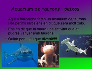 Acuarium de taurons i peixos
● Aquí a barcelona faren un acuarium de taurons
i de peixos raros ens en dit que sera molt xulo.
● Ens en dit que hi haura una activitat que et
pudres vanyar amb taurons,
● Quina por !!!!!! I que divertit!!!!
 