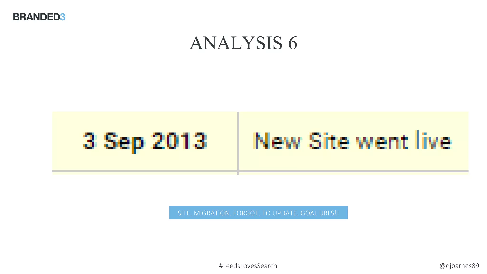 @ejbarnes89#LeedsLovesSearch
ANALYSIS 6
Source: comScore
SITE. MIGRATION. FORGOT. TO UPDATE. GOAL URLS!!
 