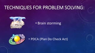 • Brain storming
• PDCA (Plan Do Check Act)
TECHNIQUES FOR PROBLEM SOLVING:
 