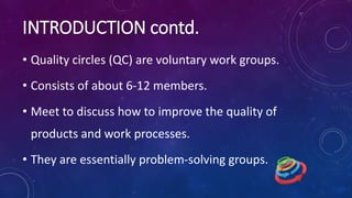 • Quality circles (QC) are voluntary work groups.
• Consists of about 6-12 members.
• Meet to discuss how to improve the quality of
products and work processes.
• They are essentially problem-solving groups.
INTRODUCTION contd.
 