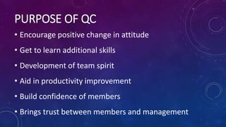 • Encourage positive change in attitude
• Get to learn additional skills
• Development of team spirit
• Aid in productivity improvement
• Build confidence of members
• Brings trust between members and management
PURPOSE OF QC
 