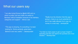 What our users say
“I am also trying Emma by @edo1493 and co.
which is pretty cool and made me switch to
Barclays without hesitation because of its interface,
categories and support.” - Monzo user.
“Really love the direction that this app is
going in, there is so much potential for it
and it has really allowed me to see my
money in a new way” - kenkyle236
“This app is amazing, it’s everything I’ve been
looking for. Works perfectly, great team
Behind it and very useful.” - Jakesbywater “I've tried so many apps to get a proper insight in
spending and this one seems the quickest and most
intuitive.” - MonkeyView
 