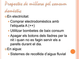  En  electricitat:
   Comprar electrodomèstics amb
    l’etiqueta A (++)
   Utilitzar bombetes de baix consum
   Apagar els botons dels lladres per la
    nit i quan no es fagin servir els a
    parells durant el dia.
 En aigua:

   Sistemes de recollida d’aigua fluvial
 