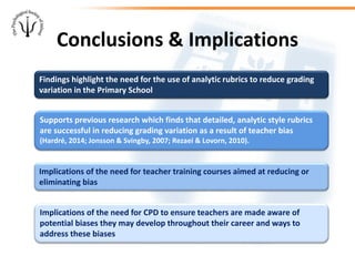 Findings highlight the need for the use of analytic rubrics to reduce grading
variation in the Primary School
Supports previous research which finds that detailed, analytic style rubrics
are successful in reducing grading variation as a result of teacher bias
(Hardré, 2014; Jonsson & Svingby, 2007; Rezaei & Lovorn, 2010).
Implications of the need for teacher training courses aimed at reducing or
eliminating bias
Implications of the need for CPD to ensure teachers are made aware of
potential biases they may develop throughout their career and ways to
address these biases
Conclusions & Implications
 