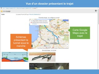 Vue d’un dossier présentant le trajet
Carte Google
Maps avec le
trajetSchémas
présentant le
tunnel sous la
manche
 
