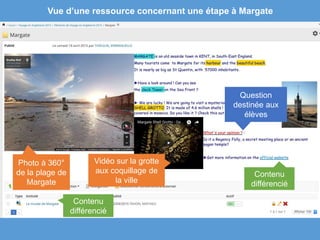 Question
destinée aux
élèves
Vue d’une ressource concernant une étape à Margate
Photo à 360°
de la plage de
Margate
Contenu
différencié
Vidéo sur la grotte
aux coquillage de
la ville
Contenu
différencié
 