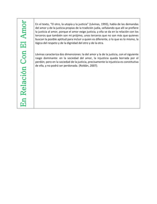 EnRelaciónConElAmor En el texto, “El otro, la utopía y la justicia” (Lévinas, 1993), habla de las demandas
del amor y de la justicia propias de la tradición judía, señalando que allí se prefiere
la justicia al amor, porque el amor exige justicia, y ella se da en la relación con los
terceros que también son mi prójimo, unos terceros que no son más que quienes
buscan la posible aptitud para incluir a quien es diferente, o lo que es lo mismo, la
lógica del respeto y de la dignidad del otro y de la otra.
Lévinas caracteriza dos dimensiones: la del amor y la de la justicia, con el siguiente
rasgo dominante: en la sociedad del amor, la injusticia queda borrada por el
perdón; pero en la sociedad de la justicia, precisamente la injusticia es constitutiva
de ella, y no podrá ser perdonada. (Roldán, 2007).
 