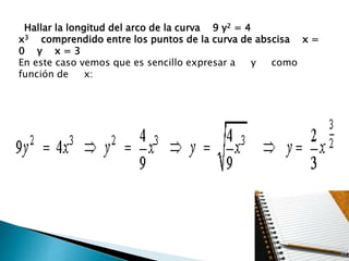 Hallar la longitud del arco de la curva 9 y2 = 4
x3 comprendido entre los puntos de la curva de abscisa x =
0 y x = 3
En este caso vemos que es sencillo expresar a y como
función de x:
 