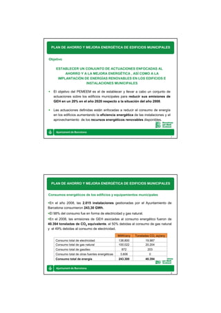 PLAN DE AHORRO Y MEJORA ENERGÉTICA DE EDIFICIOS MUNICIPALES


Objetivo

     ESTABLECER UN CONJUNTO DE ACTUACIONES ENFOCADAS AL
          AHORRO Y A LA MEJORA ENERGÉTICA , ASÍ COMO A LA
      IMPLANTACIÓN DE ENERGÍAS RENOVABLES EN LOS EDIFICIOS E
                    INSTALACIONES MUNICIPALES

   El objetivo del PEMEEM es el de establecer y llevar a cabo un conjunto de
   actuaciones sobre los edificios municipales para reducir sus emisiones de
   GEH en un 20% en el año 2020 respecto a la situación del año 2008.

   Las actuaciones definidas están enfocadas a reducir el consumo de energía
   en los edificios aumentando la eficiencia energética de las instalaciones y el
   aprovechamiento de los recursos energéticos renovables disponibles.



                                                                                    7




  PLAN DE AHORRO Y MEJORA ENERGÉTICA DE EDIFICIOS MUNICIPALES


Consumos energéticos de los edificios y equipamientos municipales

 En el año 2008, las 2.015 instalaciones gestionadas por el Ayuntamiento de
Barcelona consumieron 243,30 GWh.
El 98% del consumo fue en forma de electricidad y gas natural.
 En el 2008, las emisiones de GEH asociadas al consumo energético fueron de
40.394 toneladas de CO2 equivalente, el 50% debidas al consumo de gas natural
y el 49% debidas al consumo de electricidad.

                                                 MWh/any   Toneladas CO2 eq/any
    Consumo total de electricidad                138.800         19.987
    Consumo total de gas natural                 100.022         20.204
    Consumo total de gasóleo                       872             203
    Consumo total de otras fuentes energéticas    3.606             0
    Consumo total de energía                     243.300         40.394



                                                                                    8
 
