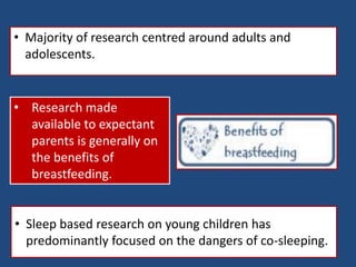 • Majority of research centred around adults and
adolescents.
• Sleep based research on young children has
predominantly focused on the dangers of co-sleeping.
• Research made
available to expectant
parents is generally on
the benefits of
breastfeeding.
 