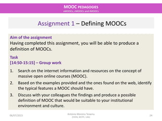 06/07/2015
MOOC PEDAGOGIES
xMOOCs, cMOOCs and iMOOCs
24
António Moreira Teixeira
(EDEN, IBSTPI, UAb)
Assignment 1 – Defini...