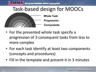 Task-based design for MOOCs
• For the presented whole task specify a
progression of 3 consequent tasks from less to
more complex
• For each task identify at least two components
(concepts and procedures)
• Fill in the template and present it in 3 minutes
 