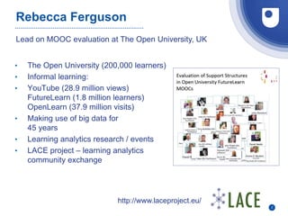 Rebecca Ferguson
• The Open University (200,000 learners)
• Informal learning:
• YouTube (28.9 million views)
FutureLearn ...