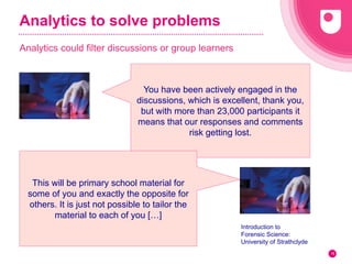Analytics to solve problems
Analytics could filter discussions or group learners
18
You have been actively engaged in the
...