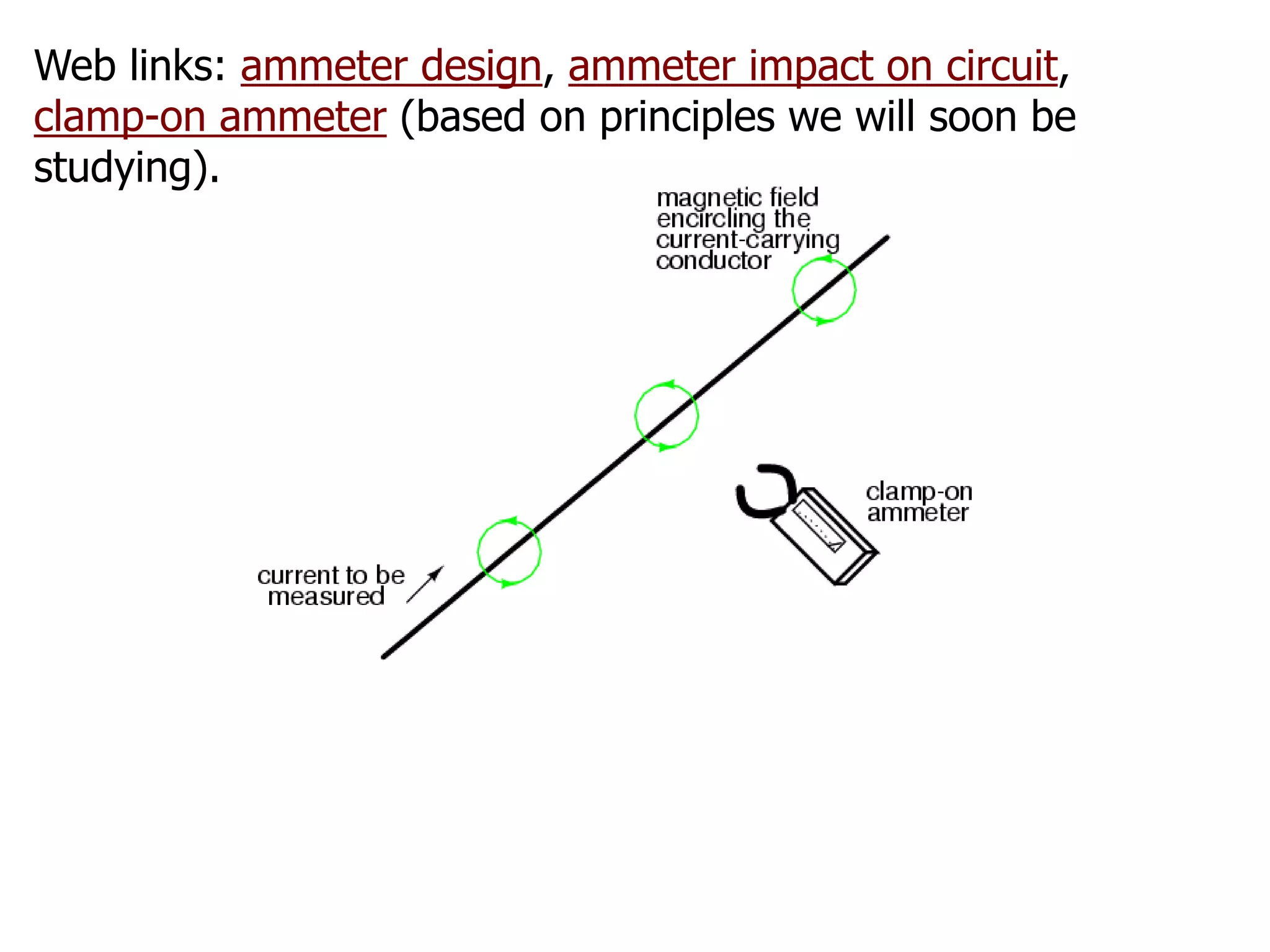 Web links: ammeter design, ammeter impact on circuit,
clamp-on ammeter (based on principles we will soon be
studying).
 