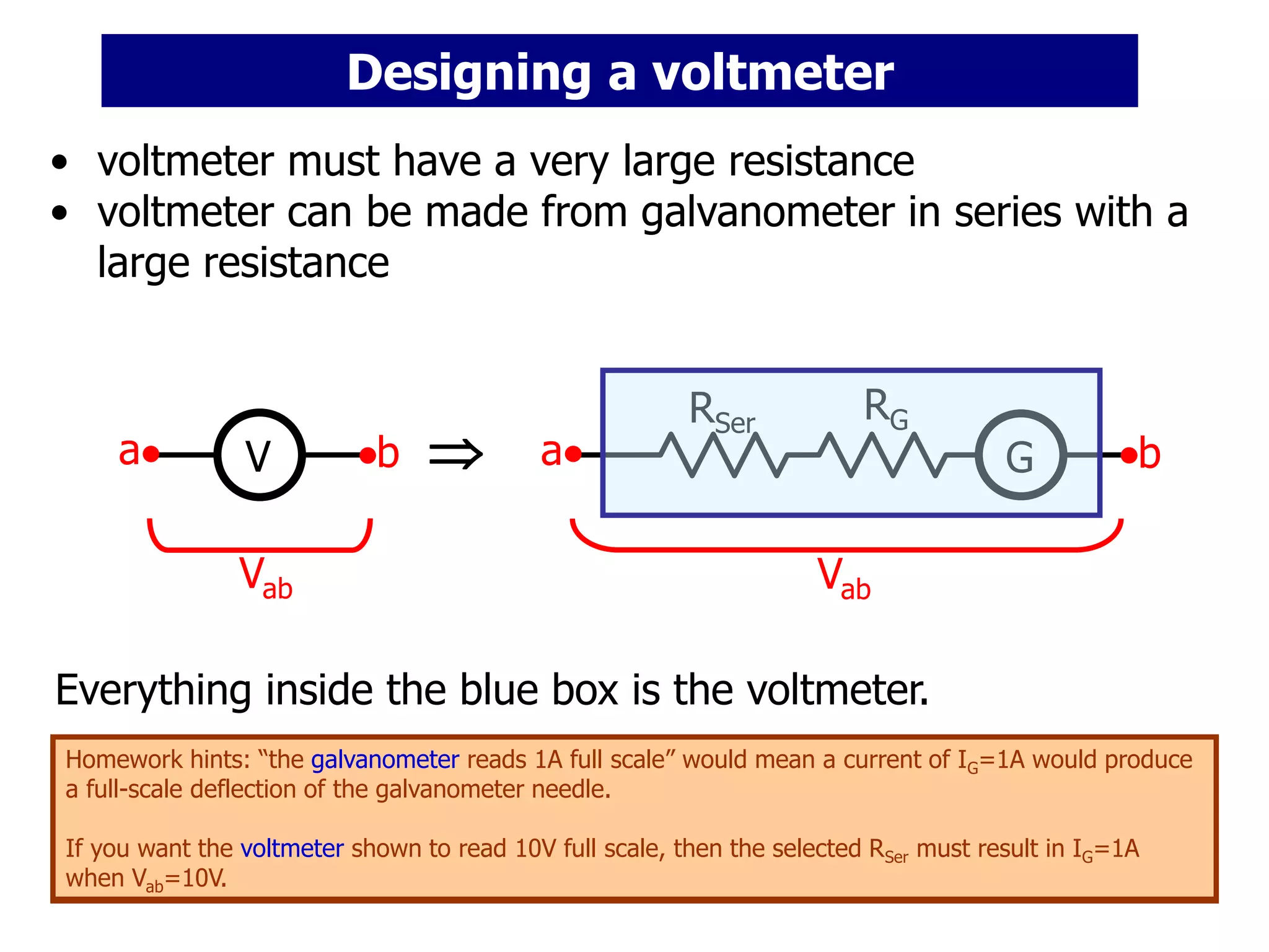 • voltmeter must have a very large resistance
• voltmeter can be made from galvanometer in series with a
large resistance
V G
RG
RSer

Everything inside the blue box is the voltmeter.
a b
Vab
a b
Vab
Homework hints: “the galvanometer reads 1A full scale” would mean a current of IG=1A would produce
a full-scale deflection of the galvanometer needle.
If you want the voltmeter shown to read 10V full scale, then the selected RSer must result in IG=1A
when Vab=10V.
Homework hints: “the galvanometer reads 1A full scale” would mean a current of IG=1A would produce
a full-scale deflection of the galvanometer needle.
If you want the voltmeter shown to read 10V full scale, then the selected RSer must result in IG=1A
when Vab=10V.
Designing a voltmeter
 