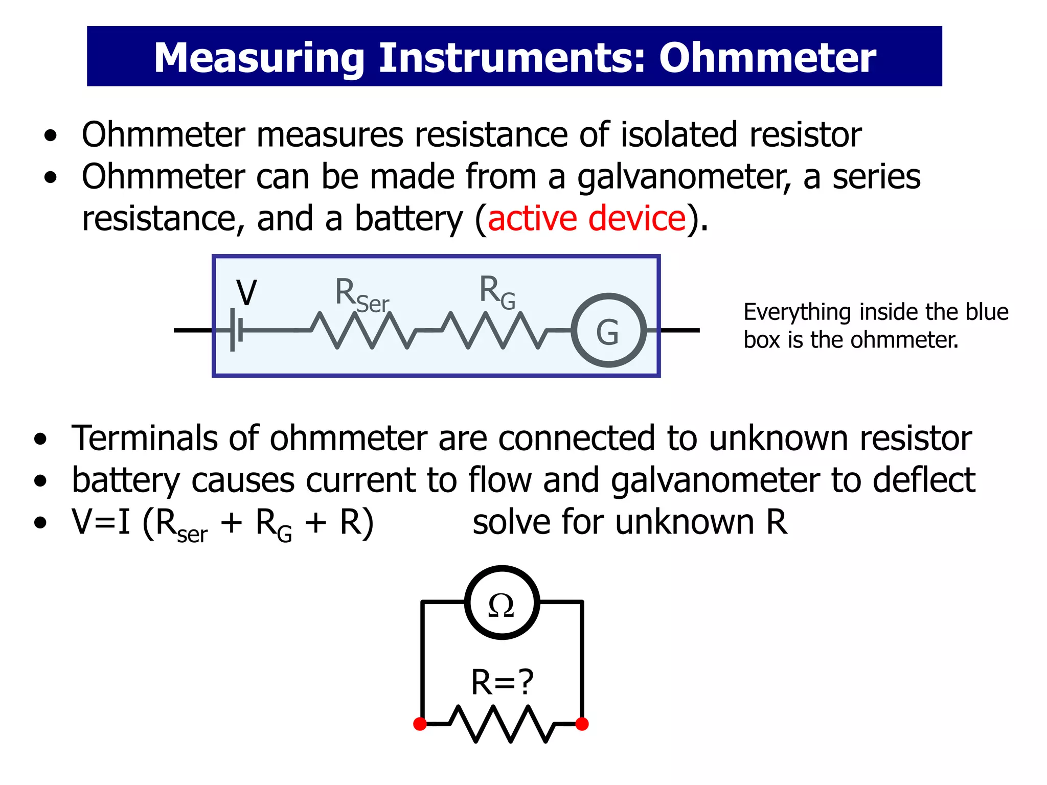 • Ohmmeter measures resistance of isolated resistor
• Ohmmeter can be made from a galvanometer, a series
resistance, and a battery (active device).
G
RG
RSer
R=?
• Terminals of ohmmeter are connected to unknown resistor
• battery causes current to flow and galvanometer to deflect
• V=I (Rser + RG + R) solve for unknown R

Measuring Instruments: Ohmmeter
Everything inside the blue
box is the ohmmeter.
V
 
