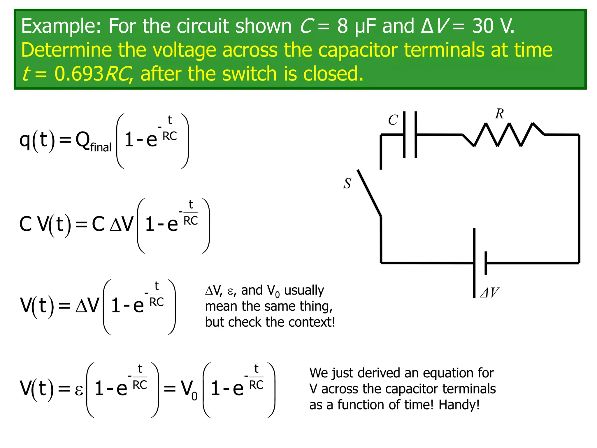 Example: For the circuit shown C = 8 μF and ΔV = 30 V.
Determine the voltage across the capacitor terminals at time
t = 0.693RC, after the switch is closed.
C
ΔV
R
S
 
 
 
 
t
-
RC
final
q t =Q 1-e
We just derived an equation for
V across the capacitor terminals
as a function of time! Handy!
 
 
  
 
t
-
RC
C V t =C V 1-e
 
 
  
 
t
-
RC
V t = V 1-e
 
   
   
   
t t
- -
RC RC
0
V t = 1-e = V 1-e
V, , and V0 usually
mean the same thing,
but check the context!
 