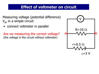 Effect of voltmeter on circuit
Measuring voltage (potential difference)
Vab in a simple circuit:
• connect voltmeter in parallel
Are we measuring the correct voltage?
(the voltage in the circuit without voltmeter)
=3 V
R=10 
r=0.5 
V
a b
 