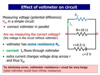 • extra current changes voltage drop across r
and thus Vab
To minimize error, voltmeter resistance r must be very large.
(ideal voltmeter would have infinite resistance)
• voltmeter has some resistance RV
• current IV flows through voltmeter
Effect of voltmeter on circuit
Measuring voltage (potential difference)
Vab in a simple circuit:
• connect voltmeter in parallel
Are we measuring the correct voltage?
(the voltage in the circuit without voltmeter)
=3 V
R=10 
r=0.5 
RV
a b
IV
 