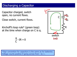 Capacitor charged, switch
open, no current flows.
Discharging a Capacitor
R
switch
C
t<0
Close switch, current flows.
t>0
I
Kirchoff’s loop rule* (green loop)
at the time when charge on C is q.
q
-IR = 0
C
+Q0
-Q0
-q
+q
*Sign convention for capacitors is the same as for batteries:
Voltage counts positive if going across from - to +.
 
