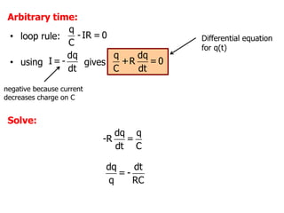 q
-IR = 0
C
dq dt
= -
q RC
dq q
-R =
dt C
negative because current
decreases charge on C
Arbitrary time:
dq
I = -
dt
• using gives
• loop rule: Differential equation
for q(t)
q dq
+R = 0
C dt
Solve:
 