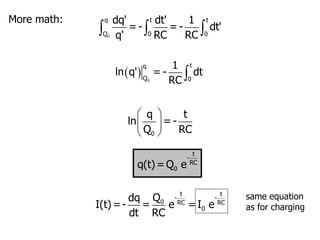 More math:
0
  
q t t
Q 0 0
dq' dt' 1
= - = - dt'
q' RC RC
  0

t
q
Q 0
1
ln q' = - dt
RC
 
 
 
0
q t
ln = -
Q RC
t
-
RC
0
q(t)=Q e
t t
- -
0 RC RC
0
Q
dq
I(t)=- = e =I e
dt RC
same equation
as for charging
 