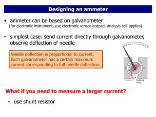 Designing an ammeter
• ammeter can be based on galvanometer
(for electronic instrument, use electronic sensor instead, analysis still applies)
• simplest case: send current directly through galvanometer,
observe deflection of needle
Needle deflection is proportional to current.
Each galvanometer has a certain maximum
current corresponding to full needle deflection.
What if you need to measure a larger current?
• use shunt resistor
 