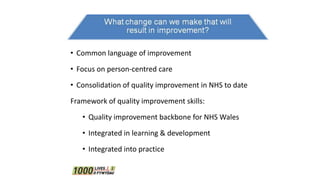 • Common language of improvement
• Focus on person-centred care
• Consolidation of quality improvement in NHS to date
Framework of quality improvement skills:
• Quality improvement backbone for NHS Wales
• Integrated in learning & development
• Integrated into practice
 