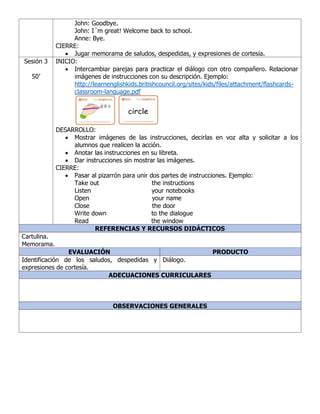 John: Goodbye.
John: I´m great! Welcome back to school.
Anne: Bye.
CIERRE:
• Jugar memorama de saludos, despedidas, y expresiones de cortesía.
Sesión 3
50’
INICIO:
• Intercambiar parejas para practicar el diálogo con otro compañero. Relacionar
imágenes de instrucciones con su descripción. Ejemplo:
http://learnenglishkids.britishcouncil.org/sites/kids/files/attachment/flashcards-
classroom-language.pdf
DESARROLLO:
• Mostrar imágenes de las instrucciones, decirlas en voz alta y solicitar a los
alumnos que realicen la acción.
• Anotar las instrucciones en su libreta.
• Dar instrucciones sin mostrar las imágenes.
CIERRE:
• Pasar al pizarrón para unir dos partes de instrucciones. Ejemplo:
Take out the instructions
Listen your notebooks
Open your name
Close the door
Write down to the dialogue
Read the window
REFERENCIAS Y RECURSOS DIDÁCTICOS
Cartulina.
Memorama.
EVALUACIÓN PRODUCTO
Identificación de los saludos, despedidas y
expresiones de cortesía.
Diálogo.
ADECUACIONES CURRICULARES
OBSERVACIONES GENERALES
 