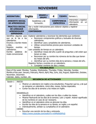 NOVIEMBRE
ASIGNATURA Inglés
GRADO y
GRUPO 4 TIEMPO Semana 1.
AMBIENTE SOCIAL
DE APRENDIZAJE
Académico y de
formación.
COMPETENCIA
ESPECÍFICA
Interpretar y registrar
información en un
calendario.
PRACTICA SOCIAL
DE LENGUAJE
Dar y recibir instrucciones para elaborar objetos y registrar
información.
APRENDIZAJES
ESPERADOS
CONTENIDOS
Identifica algunos usos
que se le da a los
calendarios.
Enuncia y escribe meses
y días.
Registra eventos en
calendarios.
Escribe palabras de
modo convencional.
Explorar calendarios y reconocer los elementos que contienen.
• Reconocer componentes gráficos y textuales de diversos
calendarios.
• Identificar usos y propósitos de calendarios.
• Utilizar conocimientos previos para reconocer unidades de
tiempo.
Leer unidades de tiempo en un calendario.
• Identificar meses del año a partir de preguntas y del orden que
tienen en éste.
• Reconocer por su nombre los números de los días que tienen
los meses del año.
• Identificar por su nombre días de la semana y meses del año.
Registrar fechas y eventos en un calendario.
• Completar nombres de días y meses.
VOCABULARIO
Days of the week: Monday, Tuesday, Wednesday, Thursday, Friday, Saturday, Sunday.
Months of the year: January, February, March, April, May, June, July, August, September, October,
November, December.
Calendar, dates, number, etc.
SECUENCIA DE ACTIVIDADES
Sesión 1
50’
INICIO:
• Mostrar un calendario (en inglés) a los estudiantes. Preguntar qué es, y de qué
se compone un calendario, como días, meses, fechas especiales.
• Contar los días de la semana y los meses en inglés.
DESARROLLO:
• Identificar en el calendario, cuáles son los días y cuáles los meses.
• Mostrar flashcards de los días de la semana. Leer y repetir. Aclarar significado
de los nombres en caso de ser necesario.
• Identificar en el calendario cómo se abrevian los días.
• Escribir los días de la semana en su libreta, en inglés y en español.
• Individualmente, señalar su cumpleaños en el calendario
CIERRE:
• Escuchar una canción de los días y entonarla.
https://www.youtube.com/watch?v=mXMofxtDPUQ
 