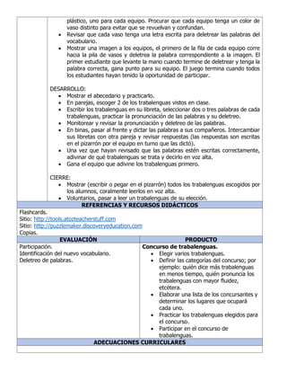 plástico, uno para cada equipo. Procurar que cada equipo tenga un color de
vaso distinto para evitar que se revuelvan y confundan.
• Revisar que cada vaso tenga una letra escrita para deletrear las palabras del
vocabulario.
• Mostrar una imagen a los equipos, el primero de la fila de cada equipo corre
hacia la pila de vasos y deletrea la palabra correspondiente a la imagen. El
primer estudiante que levante la mano cuando termine de deletrear y tenga la
palabra correcta, gana punto para su equipo. El juego termina cuando todos
los estudiantes hayan tenido la oportunidad de participar.
DESARROLLO:
• Mostrar el abecedario y practicarlo.
• En parejas, escoger 2 de los trabalenguas vistos en clase.
• Escribir los trabalenguas en su libreta, seleccionar dos o tres palabras de cada
trabalenguas, practicar la pronunciación de las palabras y su deletreo.
• Monitorear y revisar la pronunciación y deletreo de las palabras.
• En binas, pasar al frente y dictar las palabras a sus compañeros. Intercambiar
sus libretas con otra pareja y revisar respuestas (las respuestas son escritas
en el pizarrón por el equipo en turno que las dictó).
• Una vez que hayan revisado que las palabras estén escritas correctamente,
adivinar de qué trabalenguas se trata y decirlo en voz alta.
• Gana el equipo que adivine los trabalenguas primero.
CIERRE:
• Mostrar (escribir o pegar en el pizarrón) todos los trabalenguas escogidos por
los alumnos, coralmente leerlos en voz alta.
• Voluntarios, pasar a leer un trabalenguas de su elección.
REFERENCIAS Y RECURSOS DIDÁCTICOS
Flashcards.
Sitio: http://tools.atozteacherstuff.com
Sitio: http://puzzlemaker.discoveryeducation.com
Copias.
EVALUACIÓN PRODUCTO
Participación.
Identificación del nuevo vocabulario.
Deletreo de palabras.
Concurso de trabalenguas.
• Elegir varios trabalenguas.
• Definir las categorías del concurso; por
ejemplo: quién dice más trabalenguas
en menos tiempo, quién pronuncia los
trabalenguas con mayor fluidez,
etcétera.
• Elaborar una lista de los concursantes y
determinar los lugares que ocupará
cada uno.
• Practicar los trabalenguas elegidos para
el concurso.
• Participar en el concurso de
trabalenguas.
ADECUACIONES CURRICULARES
 