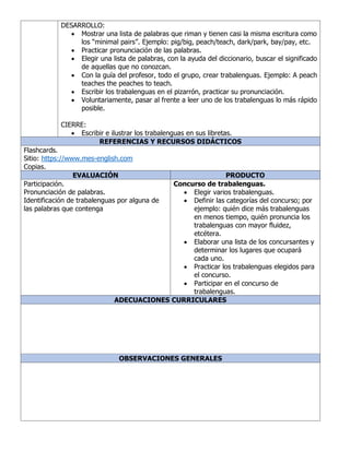 DESARROLLO:
• Mostrar una lista de palabras que riman y tienen casi la misma escritura como
los “minimal pairs”. Ejemplo: pig/big, peach/teach, dark/park, bay/pay, etc.
• Practicar pronunciación de las palabras.
• Elegir una lista de palabras, con la ayuda del diccionario, buscar el significado
de aquellas que no conozcan.
• Con la guía del profesor, todo el grupo, crear trabalenguas. Ejemplo: A peach
teaches the peaches to teach.
• Escribir los trabalenguas en el pizarrón, practicar su pronunciación.
• Voluntariamente, pasar al frente a leer uno de los trabalenguas lo más rápido
posible.
CIERRE:
• Escribir e ilustrar los trabalenguas en sus libretas.
REFERENCIAS Y RECURSOS DIDÁCTICOS
Flashcards.
Sitio: https://www.mes-english.com
Copias.
EVALUACIÓN PRODUCTO
Participación.
Pronunciación de palabras.
Identificación de trabalenguas por alguna de
las palabras que contenga
Concurso de trabalenguas.
• Elegir varios trabalenguas.
• Definir las categorías del concurso; por
ejemplo: quién dice más trabalenguas
en menos tiempo, quién pronuncia los
trabalenguas con mayor fluidez,
etcétera.
• Elaborar una lista de los concursantes y
determinar los lugares que ocupará
cada uno.
• Practicar los trabalenguas elegidos para
el concurso.
• Participar en el concurso de
trabalenguas.
ADECUACIONES CURRICULARES
OBSERVACIONES GENERALES
 