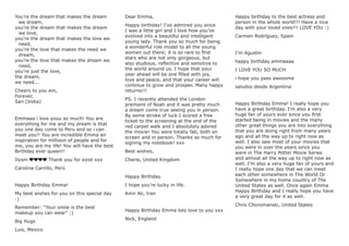 You’re the dream that makes the dream
we dream,
you’re the dream that makes the dream
we love,
you’re the dream that makes the love we
need,
you’re the love that makes the need we
dream,
you’re the love that makes the dream we
need,
you’re just the love,
the dream,
we need...
Cheers to you em,
Forever,
San (India)
Emmaaa i love youu so much! You are
everything for me and my dream is that
you one day come to Peru and so i can
meet you!! You are incredible Emma an
inspiration for millioon of people and for
me, you are my life! You will have the best
Birthday ever queen!!
Ilysm ❤❤❤❤ Thank you for exist xxx
Carolina Carrillo, Perú
Happy Birthday Emma!
My best wishes for you on this special day
:)
Remember: “Your smile is the best
makeup you can wear” ;)
Big Hugs
Luis, Mexico
Dear Emma,
Happy birthday! I’ve admired you since
I was a little girl and I love how you’ve
evolved into a beautiful and intelligent
young lady. Thank you so much for being
a wonderful role model to all the young
women out there; it is so rare to ﬁnd
stars who are not only gorgeous, but
also studious, reﬂective and sensitive to
the world around us. I hope that your
year ahead will be one ﬁlled with joy,
love and peace, and that your career will
continue to grow and prosper. Many happy
returns!!!
PS. I recently attended the London
premiere of Noah and it was pretty much
a dream come true seeing you in person.
By some stroke of luck I scored a free
ticket to the screening at the end of the
red carpet walk and I absolutely adored
the movie! You were totally fab, both on
screen and in person. Thanks so much for
signing my notebook! xxx
Best wishes,
Cherie, United Kingdom
Happy Birthday.
I hope you’re lucky in life.
Amir Ali, Iran
Happy Birthday Emma lots love to you xxx
Nick, England
Happy birthday to the best actress and
person in the whole world!!! Have a nice
day with your loved ones!!! LOVE YOU :)
Carmen Rodríguez, Spain
I’m Agustin
happy birthday emmaaaa
I LOVE YOU SO MUCH
i hope you pass awesome
saludos desde Argentina
Happy Birthday Emma! I really hope you
have a great birthday. I’m also a very
huge fan of yours ever since you ﬁrst
started being in movies and the many
other great things you are into everything
that you are doing right from many years
ago and all the way up to right now as
well. I also saw most of your movies that
you were in over the years since you
were in The Harry Potter Movie Series
and almost all the way up to right now as
well. I’m also a very huge fan of yours and
I really hope one day that we can meet
each other somewhere in The World Or
Somewhere in my home country of The
United States as well. Once again Emma
Happy Birthday and I really hope you have
a very great day for it as well.
Chris Choromanski, United States
 