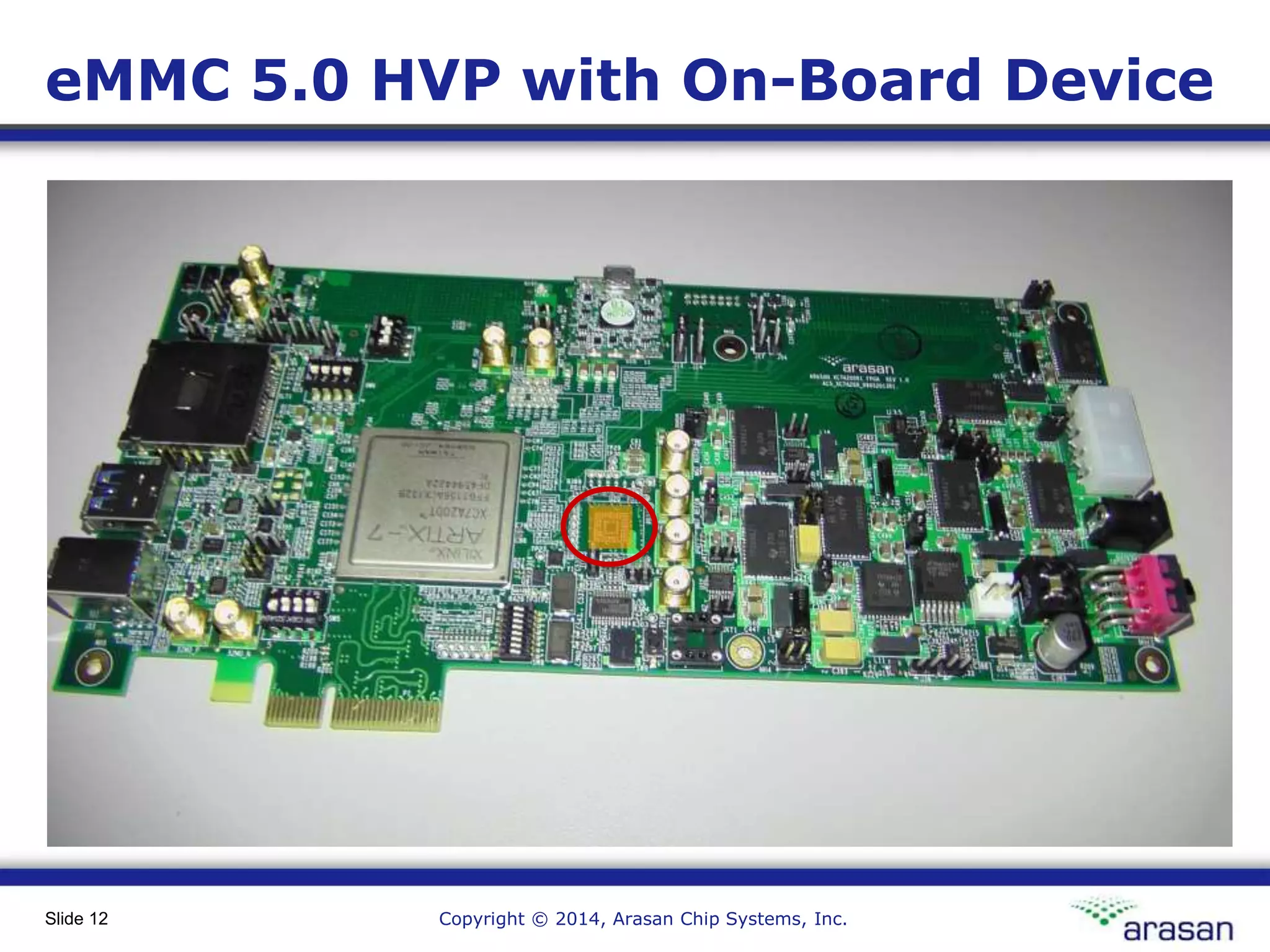 Copyright © 2014, Arasan Chip Systems, Inc.Slide 12
eMMC 5.0 HVP with On-Board Device
 