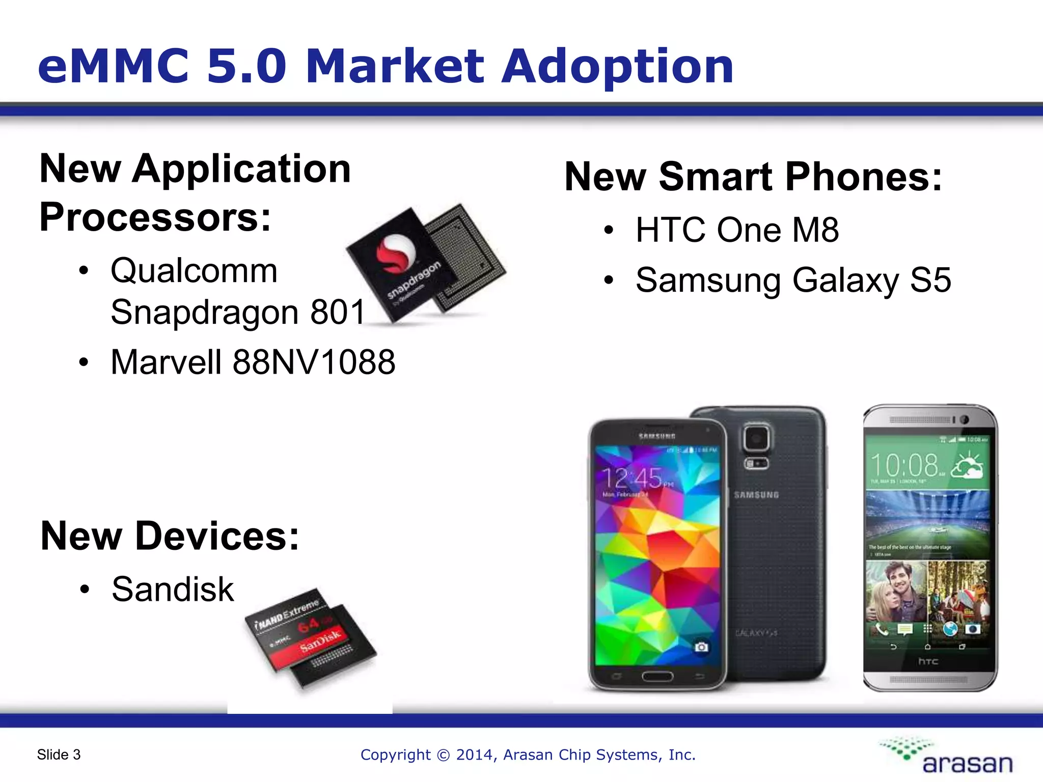 Copyright © 2014, Arasan Chip Systems, Inc.Slide 3
eMMC 5.0 Market Adoption
New Application
Processors:
• Qualcomm
Snapdragon 801
• Marvell 88NV1088
New Smart Phones:
• HTC One M8
• Samsung Galaxy S5
New Devices:
• Sandisk
 