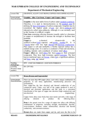 MAR EPHRAEM COLLEGE OF ENGINEERING AND TECHNOLOGY
Department of Mechanical Engineering
ME6403 ENGINEERING METALLURGY ACADEMIC YEAR2019-20
Lesson Title GRAPHITE,ALLOY CAST IRONS,COPPER AND COPPER ALLOYS
Lesson concept/
Points/Definitions
Graphite, Alloy Cast Irons, Copper and Copper Alloys
Graphite is the most stable form of carbon under standard conditions.
Therefore, it is used in thermochemistry as the standard state for
defining the heat of formation of carbon compounds. Graphite may be
considered the highest grade of coal, just above anthracite and
alternatively called meta-anthracite, although it is not normally used
as fuel because it is difficult to ignite.
Cast iron containing alloying elements (usually nickel or chromium
or copper or molybdenum) to increase the strength or facilitate heat
treatment
Copper is a chemical element with the
symbol Cu (from Latin: cuprum) and atomic number 29. It is
a ductile metal with very high thermal and electrical conductivity.
Pure copper is soft and malleable; a freshly exposed surface has a
reddish-orange color. It is used as a conductor of heat and electricity,
a building material, and a constituent of various metal alloys.
Copper alloys are metal alloys that have copper as their principal
component. They have high resistance against corrosion. The best
known traditional types are bronze, where tinis a significant addition,
and brass, using zinc instead
Teaching
Methodology:
PPT - UNIT III-FERROUS AND NON FERROUS
Learning
Resource (page
number)
R4- (297-302)
Lesson Title Brass,Bronzeand Cupronickel
Lesson concept/
Points/Definitions
There are more than 400 copper alloys, each with a unique combination of
properties, to suit many applications, manufacturing processes and
environments.
Pure copper has the best electrical and thermal conductivity of any
commercial metal. Today, over half of the copper produced is used in
electrical and electronic applications and this leads to a convenient
classification of the types of copper into electrical (high conductivity) and
non-electrical (engineering).
Copper forms alloys more freely than most metals and with a wide range of
alloying elements to produce the following alloys:
Brass is the generic term for a range of copper-zinc alloys with differing
combinations of properties, including strength, machinability, ductility,
wear-resistance, hardness, colour, antimicrobial, electrical and thermal
conductivity, and corrosion-resistance.
Bronze alloys are made from copper and tin, and were the first to be
 