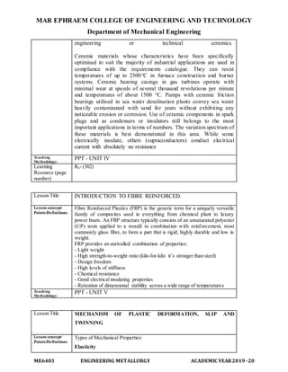 MAR EPHRAEM COLLEGE OF ENGINEERING AND TECHNOLOGY
Department of Mechanical Engineering
ME6403 ENGINEERING METALLURGY ACADEMIC YEAR2019-20
engineering or technical ceramics.
Ceramic materials whose characteristics have been specifically
optimised to suit the majority of industrial applications are used in
compliance with the requirements catalogue. They can resist
temperatures of up to 2500°C in furnace construction and burner
systems. Ceramic bearing casings in gas turbines operate with
minimal wear at speeds of several thousand revolutions per minute
and temperatures of about 1500 °C. Pumps with ceramic friction
bearings utilised in sea water desalination plants convey sea water
heavily contaminated with sand for years without exhibiting any
noticeable erosion or corrosion. Use of ceramic components in spark
plugs and as condensers or insulators still belongs to the most
important applications in terms of numbers. The variation spectrum of
these materials is best demonstrated in this area. While some
electrically insulate, others (supraconductors) conduct electrical
current with absolutely no resistance
Teaching
Methodology:
PPT - UNIT IV
Learning
Resource (page
number)
R4- (302)
Lesson Title INTRODUCTION TO FIBRE REINFORCED.
Lesson concept/
Points/Definitions
Fibre Reinforced Plastics (FRP) is the generic term for a uniquely versatile
family of composites used in everything from chemical plant to luxury
power boats. An FRP structure typically consists of an unsaturated polyester
(UP) resin applied to a mould in combination with reinforcement, most
commonly glass fibre, to form a part that is rigid, highly durable and low in
weight.
FRP provides an unrivalled combination of properties:
- Light weight
- High strength-to-weight ratio (kilo-for-kilo it’s stronger than steel)
- Design freedom
- High levels of stiffness
- Chemical resistance
- Good electrical insulating properties
- Retention of dimensional stability across a wide range of temperatures
Teaching
Methodology:
PPT - UNIT V
Lesson Title MECHANISM OF PLASTIC DEFORMATION, SLIP AND
TWINNING
Lesson concept/
Points/Definitions
Types of Mechanical Properties:
Elasticity
 