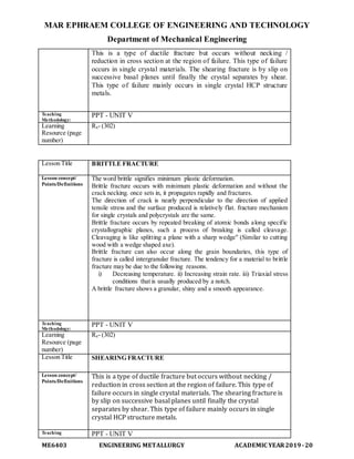 MAR EPHRAEM COLLEGE OF ENGINEERING AND TECHNOLOGY
Department of Mechanical Engineering
ME6403 ENGINEERING METALLURGY ACADEMIC YEAR2019-20
This is a type of ductile fracture but occurs without necking /
reduction in cross section at the region of failure. This type of failure
occurs in single crystal materials. The shearing fracture is by slip on
successive basal planes until finally the crystal separates by shear.
This type of failure mainly occurs in single crystal HCP structure
metals.
Teaching
Methodology:
PPT - UNIT V
Learning
Resource (page
number)
R4- (302)
Lesson Title BRITTLE FRACTURE
Lesson concept/
Points/Definitions
The word brittle signifies minimum plastic deformation.
Brittle fracture occurs with minimum plastic deformation and without the
crack necking. once sets in, it propagates rapidly and fractures.
The direction of crack is nearly perpendicular to the direction of applied
tensile stress and the surface produced is relatively flat. fracture mechanism
for single crystals and polycrystals are the same.
Brittle fracture occurs by repeated breaking of atomic bonds along specific
crystallographic planes, such a process of breaking is called cleavage.
Cleavaging is like splitting a plane with a sharp wedge" (Similar to cutting
wood with a wedge shaped axe).
Brittle fracture can also occur along the grain boundaries, this type of
fracture is called intergranular fracture. The tendency for a material to brittle
fracture may be due to the following reasons.
i) Decreasing temperature. ii) Increasing strain rate. iii) Triaxial stress
conditions that is usually produced by a notch.
A brittle fracture shows a granular, shiny and a smooth appearance.
Teaching
Methodology:
PPT - UNIT V
Learning
Resource (page
number)
R4- (302)
Lesson Title SHEARING FRACTURE
Lesson concept/
Points/Definitions
This is a type of ductile fracture but occurs without necking /
reduction in cross section at the region of failure. This type of
failure occurs in single crystal materials. The shearing fracture is
by slip on successive basal planes until finally the crystal
separates by shear. This type of failure mainly occurs in single
crystal HCP structure metals.
Teaching PPT - UNIT V
 