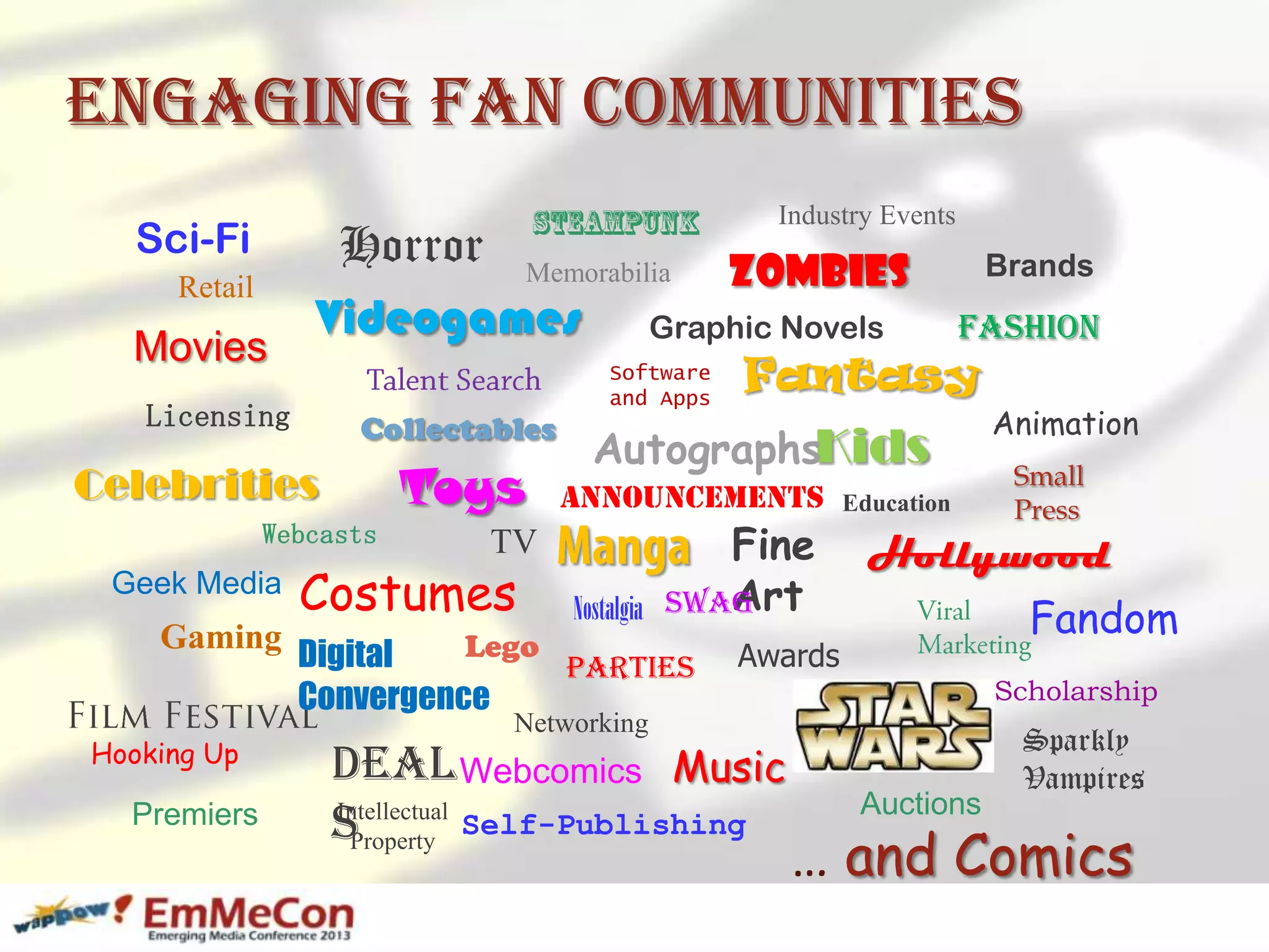 … and Comics
Videogames
Toys
Collectables
Nostalgia
Graphic Novels
Webcasts
Geek Media
Sci-Fi Horror
Costumes
Gaming
Fine
Art
Fantasy
Kids
Education
Zombies
Sparkly
Vampires
Awards
Retail
Digital
Convergence
Auctions
Webcomics
Animation
Small
Press
Hollywood
Parties
Intellectual
Property
Licensing
Brands
Fashion
Music
Networking
Hooking Up
Scholarship
Celebrities
Premiers
Announcements
Autographs
Software
and Apps
Industry Events
Deal
s
Swag
Self-Publishing
Fandom
Lego
Memorabilia
Movies
TV
Engaging Fan Communities
 