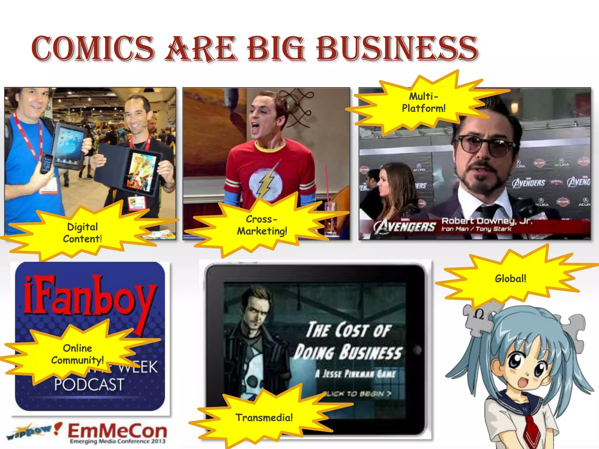 Comics are Big Business
Digital
Content!
Cross-
Marketing!
Multi-
Platform!
Online
Community!
Transmedia!
Global!
 