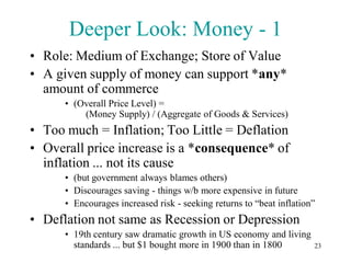 Deeper Look: Money - 1
• Role: Medium of Exchange; Store of Value
• A given supply of money can support *any*
  amount of commerce
      • (Overall Price Level) =
          (Money Supply) / (Aggregate of Goods & Services)
• Too much = Inflation; Too Little = Deflation
• Overall price increase is a *consequence* of
  inflation ... not its cause
      • (but government always blames others)
      • Discourages saving - things w/b more expensive in future
      • Encourages increased risk - seeking returns to “beat inflation”
• Deflation not same as Recession or Depression
      • 19th century saw dramatic growth in US economy and living
        standards ... but $1 bought more in 1900 than in 1800         23
 