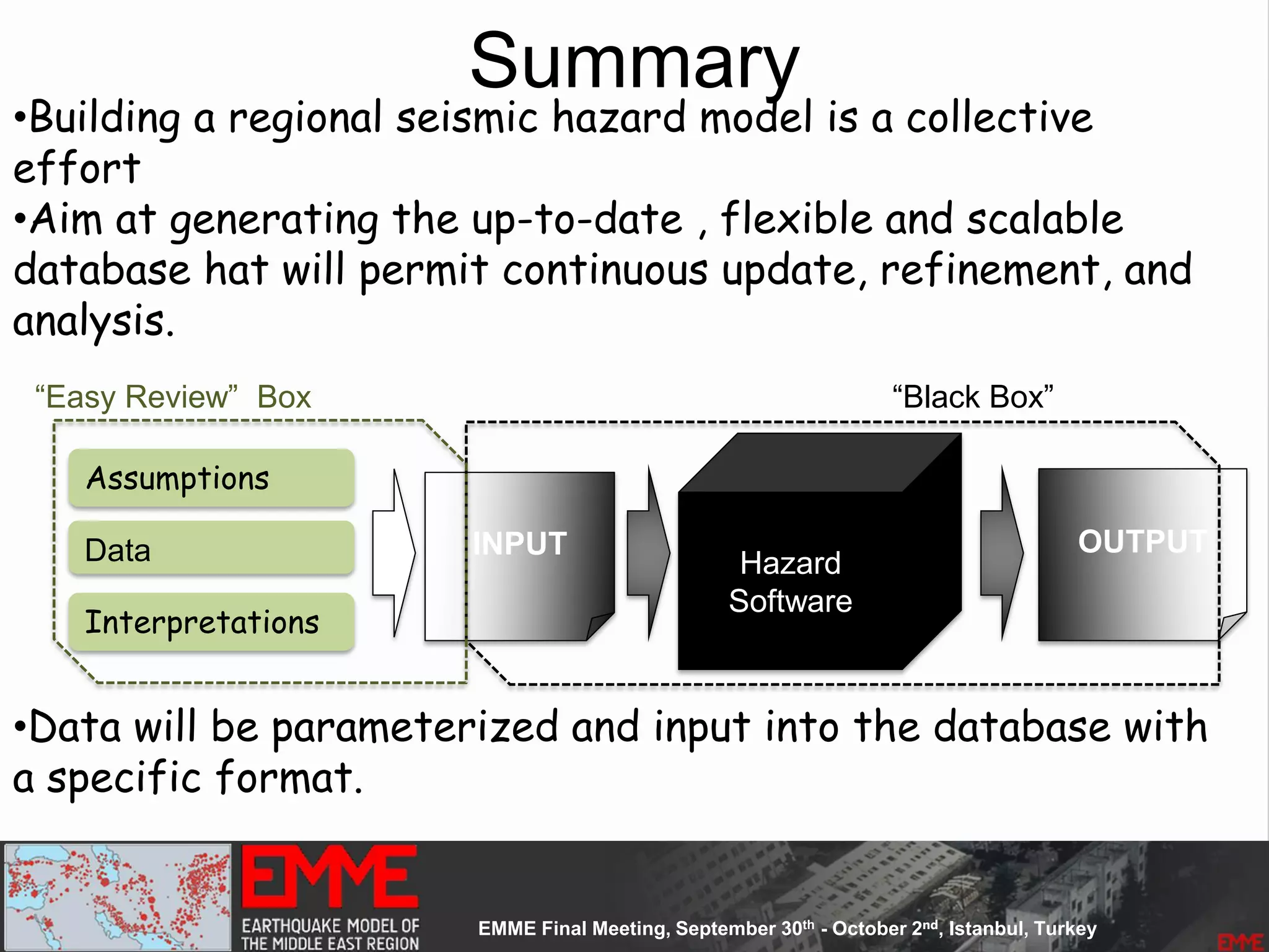 Summary
•Building a regional seismic hazard model is a collective
effort
•Aim at generating the up-to-date , flexible and scalable
database hat will permit continuous update, refinement, and
analysis.
•Data will be parameterized and input into the database with
a specific format.
Hazard
Software
“Black Box”
INPUT OUTPUT
“Easy Review” Box
Data
Interpretations
Assumptions
 