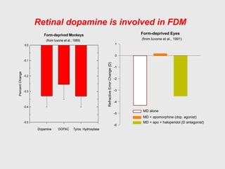 Form-deprived Eyes
RefractiveErrorChange(D)
-6
-5
-4
-3
-2
-1
0
1
(from Iuvone et al., 1991)
MD alone
MD + apomorphine (dop. agonist)
MD + apo + haloperidol (D antagonist)
Retinal dopamine is involved in FDM
 