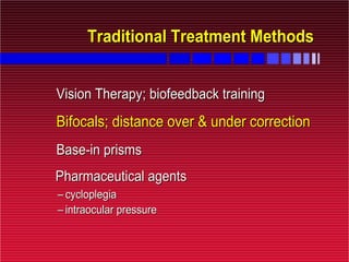 Traditional Treatment MethodsTraditional Treatment Methods
Vision Therapy; biofeedback trainingVision Therapy; biofeedback training
Bifocals; distance over & under correctionBifocals; distance over & under correction
Base-in prismsBase-in prisms
Pharmaceutical agentsPharmaceutical agents
–– cycloplegiacycloplegia
–– intraocular pressureintraocular pressure
 