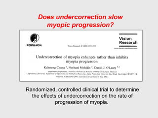 Randomized, controlled clinical trial to determine
the effects of undercorrection on the rate of
progression of myopia.
Does undercorrection slow
myopic progression?
 