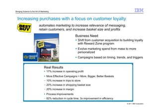 Bringing Science to the Art of Marketing



  Increasing purchases with a focus on customer loyalty
                            automates marketing to increase relevance of messaging,
                            retain customers, and increase basket size and profits
                                                             Business Need
                                                                Shift from customer acquisition to building loyalty
                                                                with Reward Zone program
                                                                Evolve marketing spend from mass to more
                                                                personalized
                                                                Campaigns based on timing, trends, and triggers


                                  Real Results
                                     17% increase in operating profit
                                     More Effective Campaigns = More, Bigger, Better Baskets
                                  − 10% increase in trips to store
                                  − 20% increase in shopping basket size
                                  − 20% increase in margin
                                     Process Improvements
                                  − 82% reduction in cycle time, 3x improvement in efficiency
                                                                                                      © 2011 IBM Corporation
 