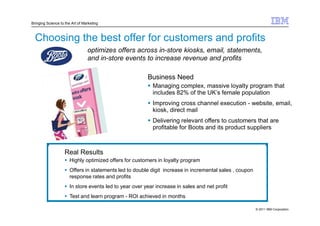 Bringing Science to the Art of Marketing



  Choosing the best offer for customers and profits
                                 optimizes offers across in-store kiosks, email, statements,
                                 and in-store events to increase revenue and profits

                                                        Business Need
                                                          Managing complex, massive loyalty program that
                                                          includes 82% of the UK’s female population
                                                          Improving cross channel execution - website, email,
                                                          kiosk, direct mail
                                                          Delivering relevant offers to customers that are
                                                          profitable for Boots and its product suppliers



                   Real Results
                      Highly optimized offers for customers in loyalty program
                      Offers in statements led to double digit increase in incremental sales , coupon
                      response rates and profits
                      In store events led to year over year increase in sales and net profit
                      Test and learn program - ROI achieved in months

                                                                                                        © 2011 IBM Corporation
 